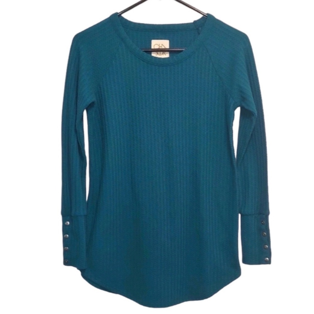 Chaser Womens Teal Waffle Knit Long Sleeve Crew Neck Henley Curved Hem Thermal S